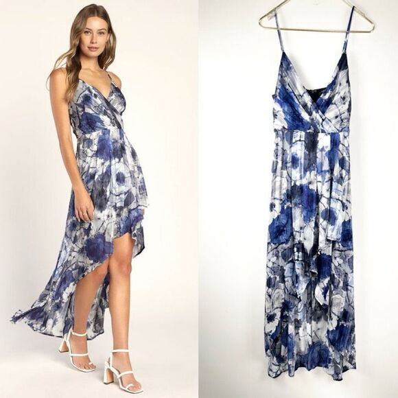 Lulu's Women's Enchanting Dream High Low Maxi Dress Blue White Size Small - Picture 1 of 6